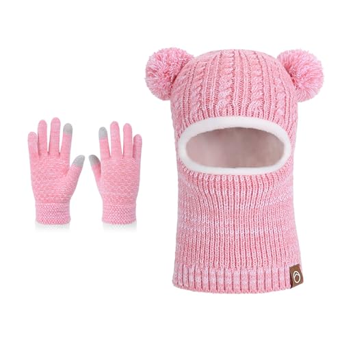 Winter Ski Balaclava for Kids with Gloves Cozy Knitted Cold Weather Cute Beanie Full Face Mask Fleece Fuzzy Warm Hat Watermelon Red,One Size