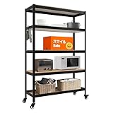 HOMEDANT House 組立簡単 ラミネート スチールラック キッチン 5段 幅120 奥行45 高さ191 ブラックキャスター付き ホームダント 車輪 調整可能 棚 収納棚 メタルラック 倉庫 ガラージ オフィス 業務用