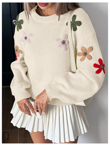 GORGLITTER Women's Flower Embroidered Sweater Floral Lantern Sleeve Crewneck Knit Cute Sweaters Pullover4