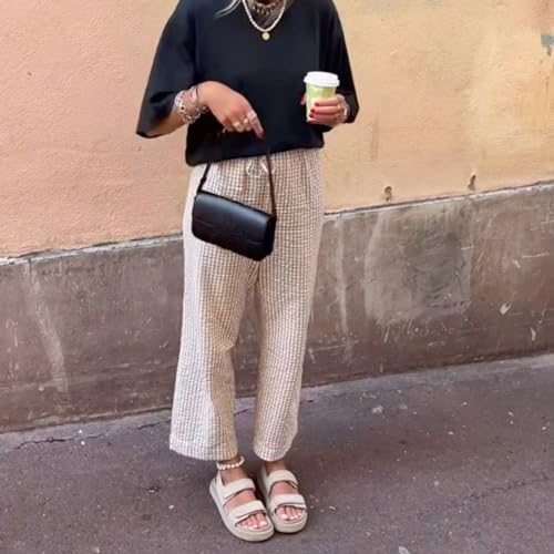 Women's Plaid Pants Drawstring High Waist Straight Leg Y2k Long Trousers Summer Casual Gingham Lounge Pants3