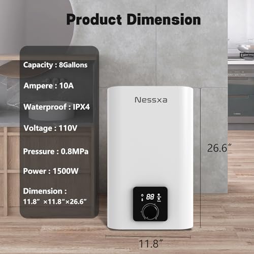 8 Gallon Electric Mini Tank Water Heater, 110V 1500W Compact Electric Storage Instant Hot Water Heaters, Point of Use On Demand Under Sink Water Heater for Home Kichen Bathroom