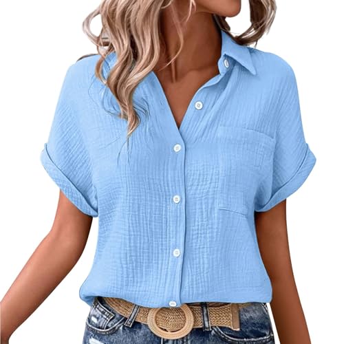 Womens Button Down Shirt Dressy Gauze Muslin Short Sleeve Textured Collared V Neck Work Blouses Tops Summer Casual Shirts Muslin Womens Shirt Sky Blue Large