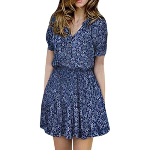 PNZLZIA Summer Boho Mini Dresses for Women,V Neck Floral Print Beach Dress,Tunic Sundress Loose Party Dress (Blue,Small)