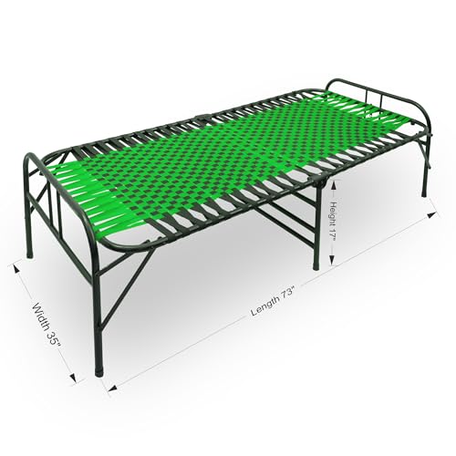 Image of Casa Copenhagen, Portable Single Folding Bed Heavy Duty Metal Cot Khat for Sleeping Bed Space Saving Design Sturdy Synthetic Niwar feet - Green & Charcoal Black