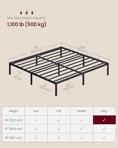 Image of VASAGLE King Metal Bed Frame 14 Inches Tall, 1100 lb Weight Capacity, No Box Spring Needed, with Under-Bed Storage, Easy Setup, Heavy-Duty Platform Bed, Mattress Retainers, Matte Black URMB654BD02S