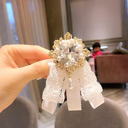 Image of Lace Ribbon Bow Tie Brooch Rhinestone Pearl Necktie for Girl Women Fashion jabot collar brooch pins Pre-Tied Corsage