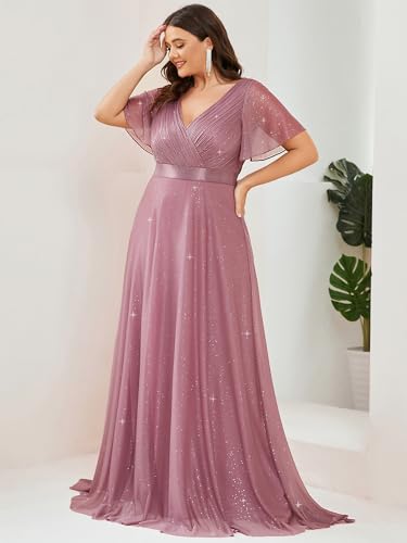 Image of Ever-Pretty Plus Women's Glitter Formal Dress Evening Gown for Gala V-Neck Short Sleeve Floor Length Plus Size Prom Dresses