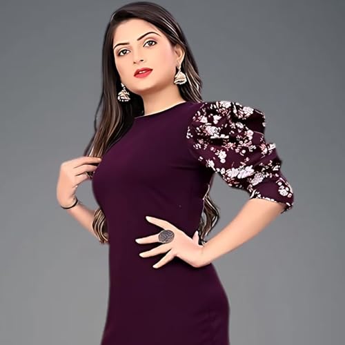 Image of KUDUZO Women's Black and Purple Lycra Fit and Flare High Low Knee Length Round Neck Floral Puff Sleeves S to 2XL Size Dress (SP-T3B6FPF97VRVW7YH)