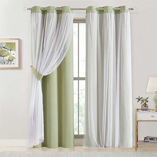 Image of Bujasso Sage Green 90% Blackout Curtains with Sheer Overlay Mix and Match Double Layer Thermal Insulated Window Panels 72 inch Living Room Bedroom Green Drapes with Tiebacks Grommet Top 37 inch Wx72 Lx2