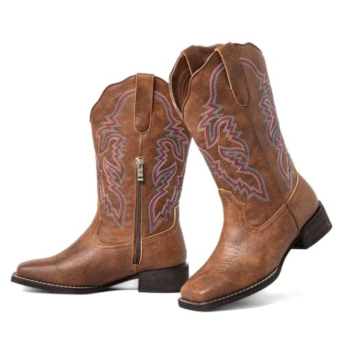SheSole Extra Wide Calf Cowboy Boots for Women, Brown, 8 Wide