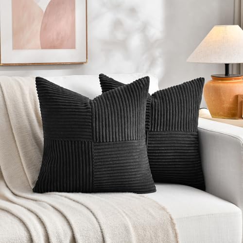 Image of Fancy Homi 2 Packs Black Decorative Throw Pillow Covers 22x22 Inch for Living Room Couch Bed Sofa, Rustic Farmhouse Boho Home Decor, Soft Corss Corduroy Patchwork Accent Square Cushion Case 55x55 cm