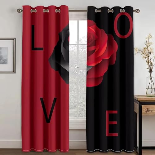 Rideaux roses et fleurs rouges cadeau Saint-Valentin 2pc