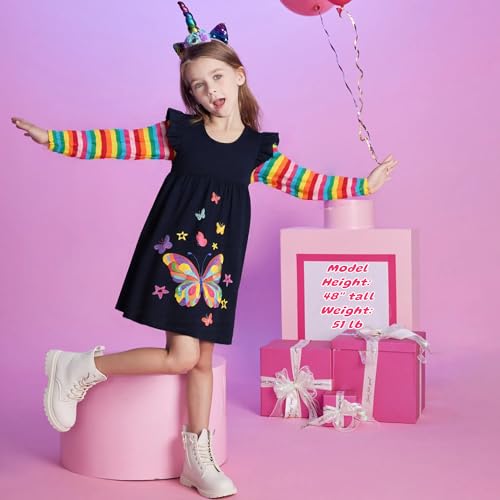 DXTON Toddler Girls Long Sleeve Dress Stripe Rainbow Ruffle Cotton Casual Tunic Shirt Fall Winter School Dress4