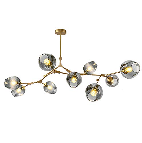 CSXSXAUO Adjustable Nordic Glass Ball Chandelier - Matte Black Design, E26 Metal, Hand-Blown Branches, Mid-Century Globe Pendant Light, 9-Lights in Grant Soot Gold