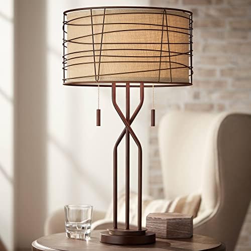 Franklin Iron Works Marlowe Rustic Industrial Table Lamp 28 3/4" Tall Bronze Woven Metal Outer Burlap Fabric Inner Drum Shade for Bedroom Living Room House Home Bedside Nightstand Office Family