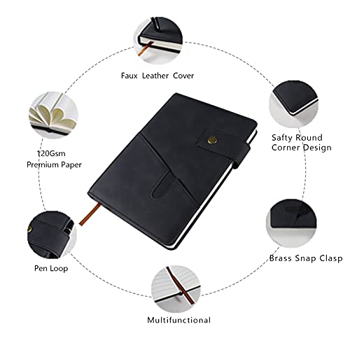 Black-A5-Lined-Leather-Journal-Notebook-for-Men-Women59-X-84-Personalized-Hardcover-Journal-with-Pen200-Pages-100-Gsm-Thick-Ruled-Paper-Daily-Diary-for-SchoolTravelBusinessWorkHome-Writing