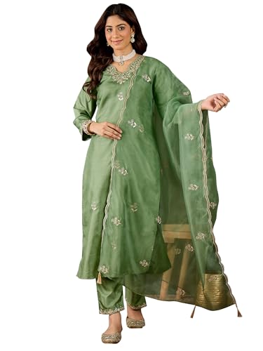 Image of VredeVogel Women's Ethnic Wear Embroidered Silk Blend Kurta Pant Set with Organza Dupatta | Festive & Casual Summer Kurti with Pants for Party Office & Ethnic Occasions