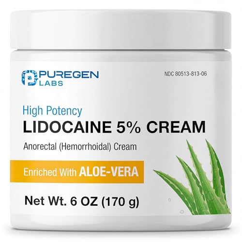 Puregen Labs Lidocaine 5% Anorectal (hemorrhoidal) Cream Maximum Strength | Enriched with Aloe-Vera | 6 Oz