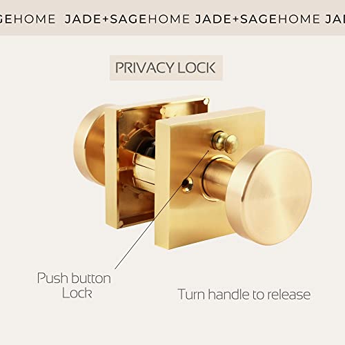 Jade + Sage Harper Knob | Keyless Privacy Lock Interior Doorknob | Mid Century Modern, Gold Door Handle With Square Rosette, Bedroom Or Bathroom Door Lock | Gold Finish #TOP1