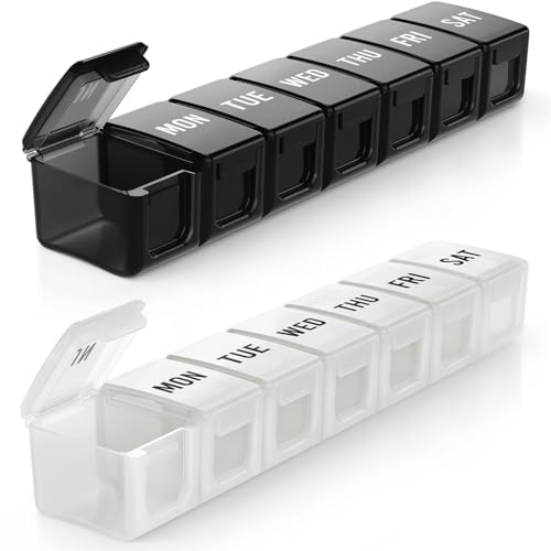 Image of BUG HULL Weekly Pill Organizer Large 2 Packs, Extra Large Travel Pill Organizers, Pill Box 7 Day, Travel Pill Case, Medicine Pill Organizer for Vitamins, Supplements and Medications (Black+White)