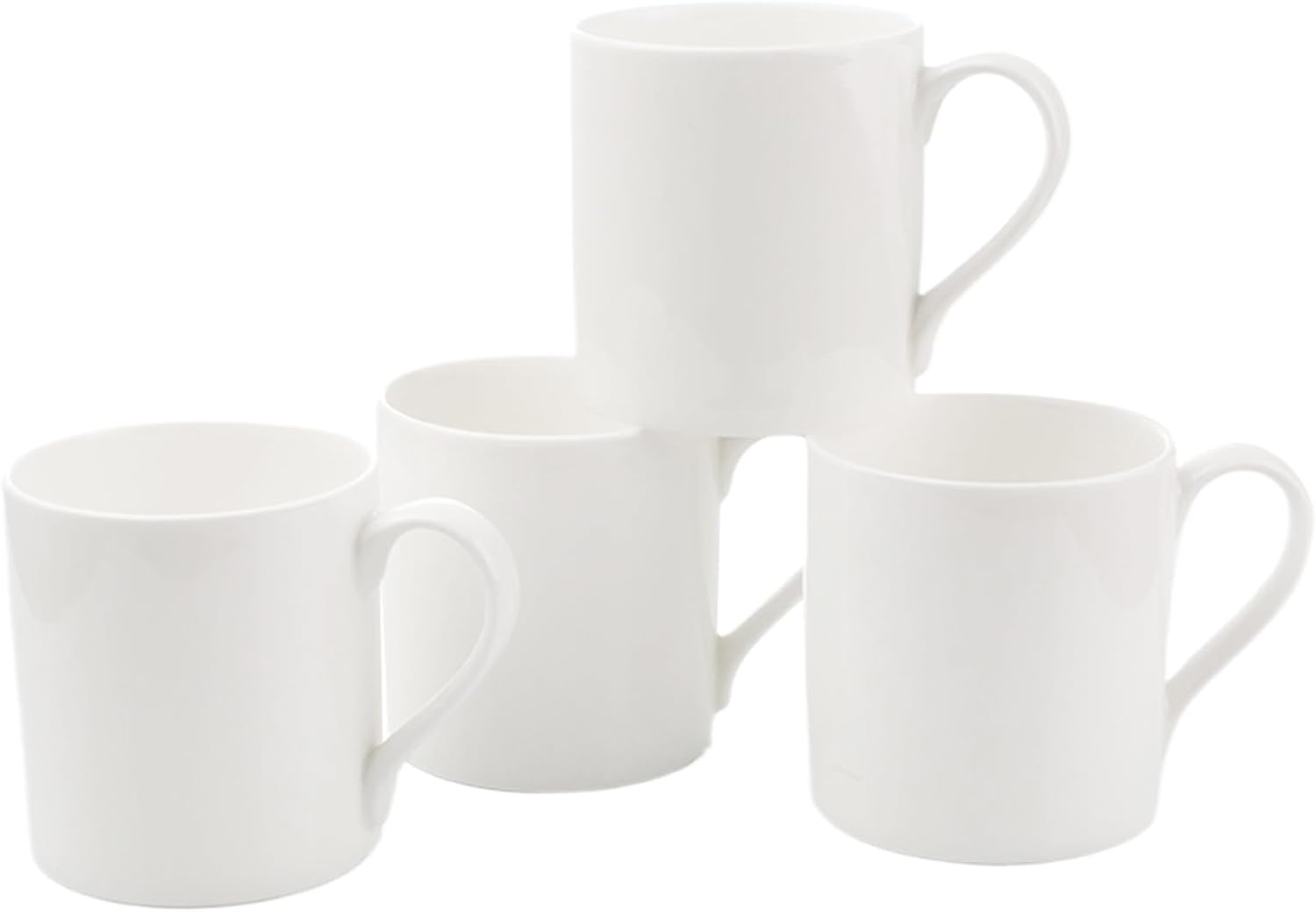 Fine Bone China Coffee Mugs, 13 oz Capacity, Set of 4, White, Microwave and Dishwasher Safe, Gift Set for Mother's Day, Christmas, Straight Model With Ear Handle