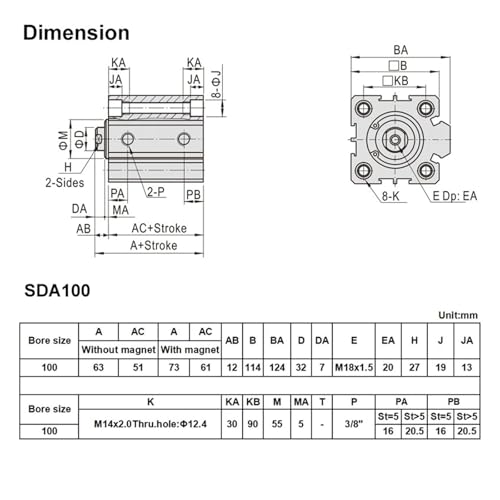 Cylindre compact SDA100*100 résistant pour automatisation mécanique sans encombrement