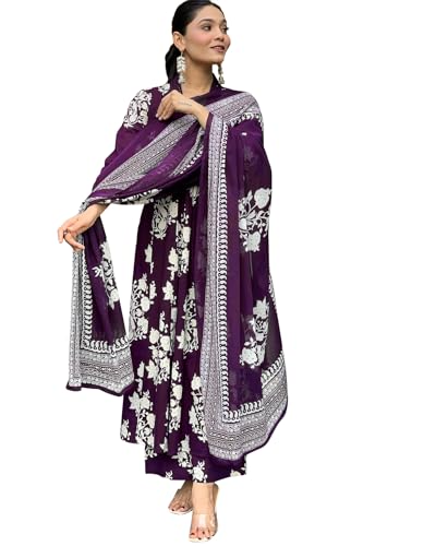 Toochki Kurti Set for Women | Anarkali Fit & Flared Kurtas for Women's | Cotton Kurtis for Woman | Kurta with Palazzo & Dupatta | Ethnic Salwar Suits Sets Purple