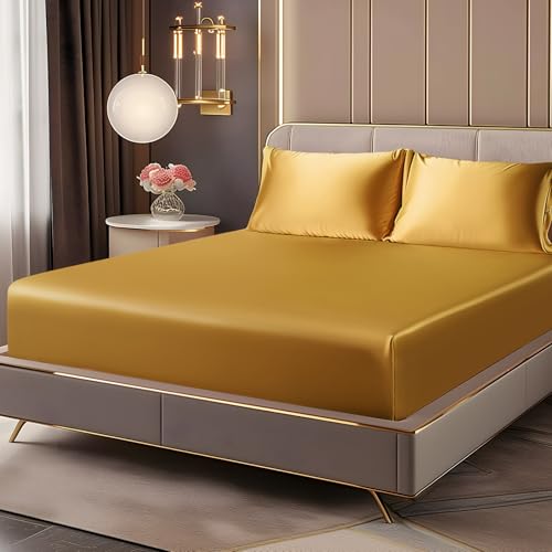 BEDELITE Satin Fitted Sheet and Pillowcases Set, Luxury Soft Similar to Silk Bottom Bedsheet with Elastic Corner Straps, Deep Pocket up to 15 Inch, 1 Fitted Sheet and 2 Pillowcases(Queen, Gold)