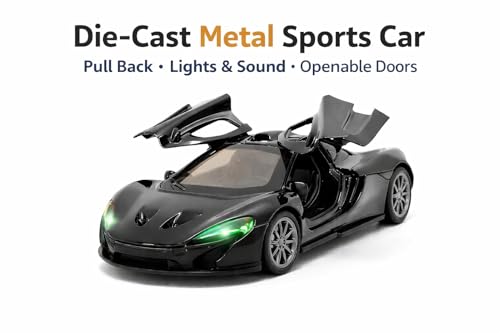 Image of TEC TAVAKKAL 1:36 Scale Diecast Metal Toy Car with Openable Doors, Pull-Back Action, LED Lights & Music - Premium Mini Sports Car Model for Kids & Collectors (Black)