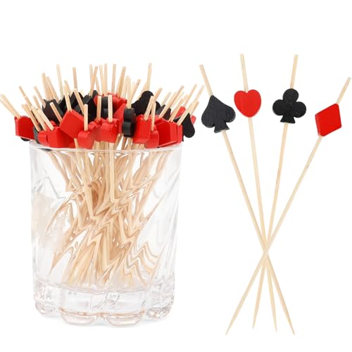 100pcs Poker Toothpicks For Food Cocktail Toothpicks For Drinks Casino Party Favors Cocktail Sticks Decorative Toothpicks For Appetizers Bamboo Cocktail Picks For Las Vegas Night Decorations