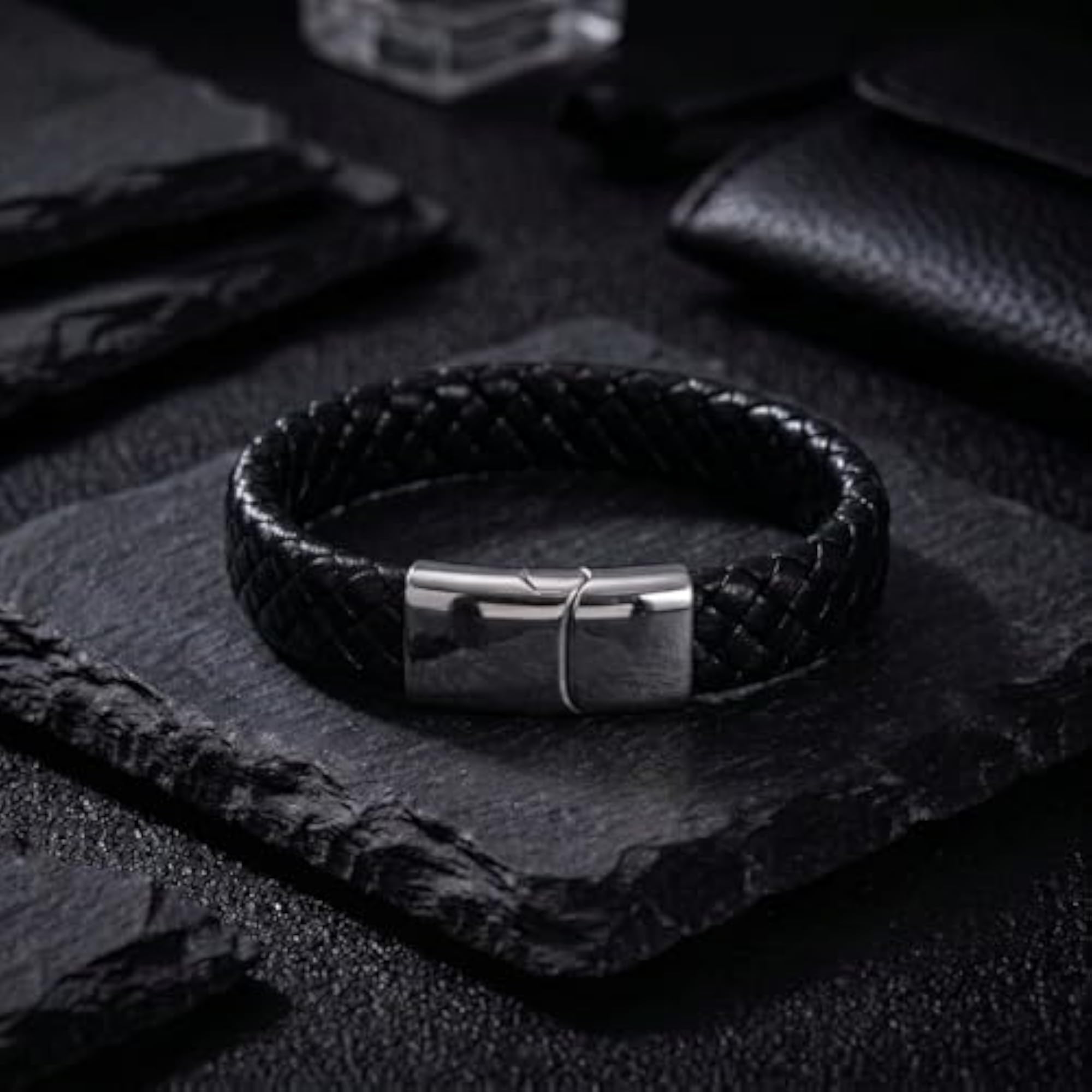 ALPHA Anti Tarnish Avrum Leather Black Bracelet for Men