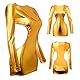 ROSVAJFY Damen Wetlook Sexy Kleid Frauen Rückenfreies Leder Partykleid, Minikleid Schlanke Clubwear Lackleder Langärmliges Kleid V-Ausschnitt Dessous Club Anzug Enge Kleidung (Gold)