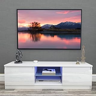 Fitnessclub 130CM TV Stand Unit with 2 Storage Cabinets LED Lights Wooden TV Desk For Living Room Home Forniture, White Matt Body And High Gloss Door