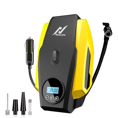 Image of NexLev Tyre Inflator Kit for Car | 150 PSI 12V Air Compressor for Car, Bike & Cycle, 120W Tyre Inflator Pump with Digital Display, Auto Shut-Off, LED Emergency Light, 3m Cord, 3 Nozzles |AER TI-02