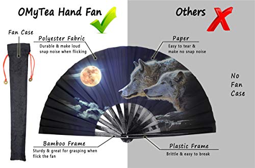 Omytea Large Rave Folding Hand Fan For Men/Women - Chinese/Japanese Kung Fu Tai Chi Handheld Fan With Fabric Case - For Performance/Wall Decorations/Dancing/Festival/Gift (Full Wolf Moon) #TOP6