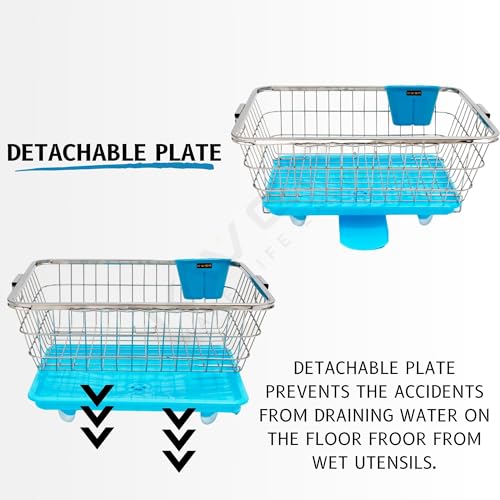 Image of KWER Stainless Steel Utensil Basket Drainer Dish Drainer Basket with Tray for Kitchen Vessel Drainer Rack Dish Drying Rack with Tray and Cutlery Holder, 43X56X24 Cm