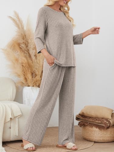 LILLUSORY Womens 2 Piece Lounge Sets Pajamas Matching Outfits 2025 3/4 Sleeve Fall Clothes Vacation Comfy Casual Sweatsuits3