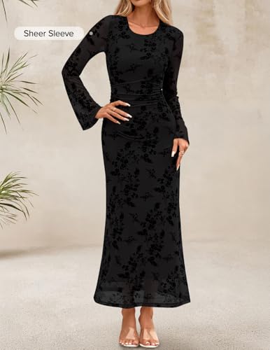 ZESICA Women's Long Sleeve Floral Bodycon Dress 2025 Fall Fashion Ruched Mesh Wedding Guest Cocktail Party Maxi Dresses3