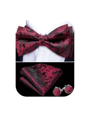Image of YOHOWA Paisley Striped Men Bow Tie Pre-Tied Formal Adjustable Colorful Bowties Handkerchief Cufflinks Set Wedding Party