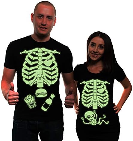 Glow in The Dark Maternity Couple Skeleton Halloween T-Shirt Costumes Party Pregnancy top Men Large - Women Medium Black