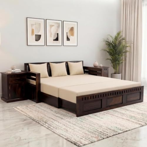 Image of SONA ART & CRAFTS Kuber Sheesham Wood Sofa Cum Bed with Bedside | 3 Seater with Storage and Side Pockets for Living Room Organizer Furniture Sofa Bed Home, Bedroom (Walnut Finish)