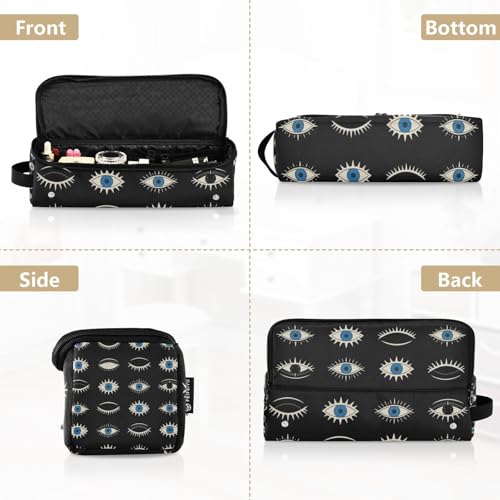 Bolsa de viaje para herramientas de cabello para mujeres con tapete resistente al calor y soporte para planchas y rizadores, diseño azul con patrón de ojo maligno negro miniatura 5
