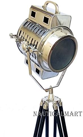 Nauticamart Marine Vintage Chrome Search Light Wooden Tripod Floor Lamp