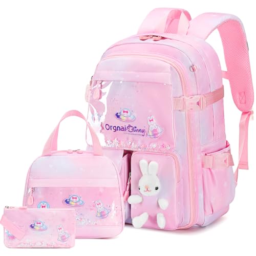 FIXITOK Girls Backpack Set 3PCS Kids Backpack for Girls Kawaii Bunny School Backpacks for Girl Kindergarten Elementary Preschool Middle School Bags with Lunch Box Pencil Case Dreamy-Pink