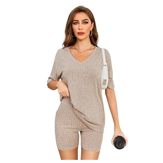 WDIRARA Conjunto feminino de 2 peças de camiseta e shorts com manga curta e ombro caído, Decote em V cáqui, X-Small