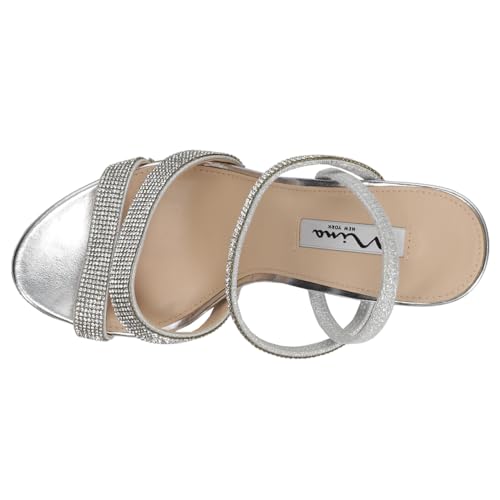 NINA Womens Sarah Rhinestone Strappy Block Dress Sandals High Heel 3" & Up - Silver4