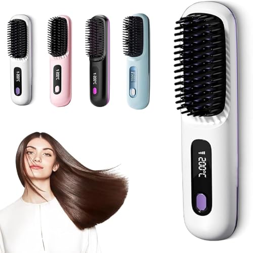 Mini Portable Cordless Straightener Brush, 2025 Upgrade 4000 mA USB Rechargeable Negative Ion Heated Hair Straightener Comb Brush (White) -  FOTN