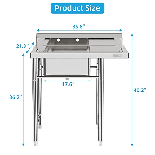 Stainless Steel Commercial Utility Sink 36" Freestanding with Drainboard - Heavy-Duty Slop Sink for Garage, Laundry, Restaurant, Backyard (Bowl: 18"x16"x9")