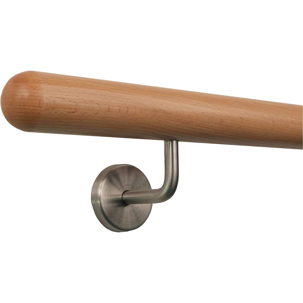 TIBU Buche Geländer Handlauf Treppe Holz Griff gew. Edelstahlhalter, Länge 30 - 500 cm aus einem Stück / Variante:150 cm mit 3 Halter Halbkugel gefräst
