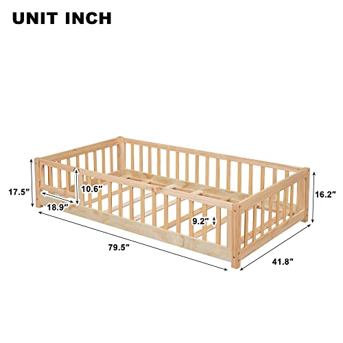 Brafab Montessori Floor Bed with Safety Guardrails and Convertible Door, Twin Size Solid Pine Wood Floor Bed Frame with Slats, Full Length Fence for Girls, Boys, Child Bedroom, Kids Playroom (Natural)